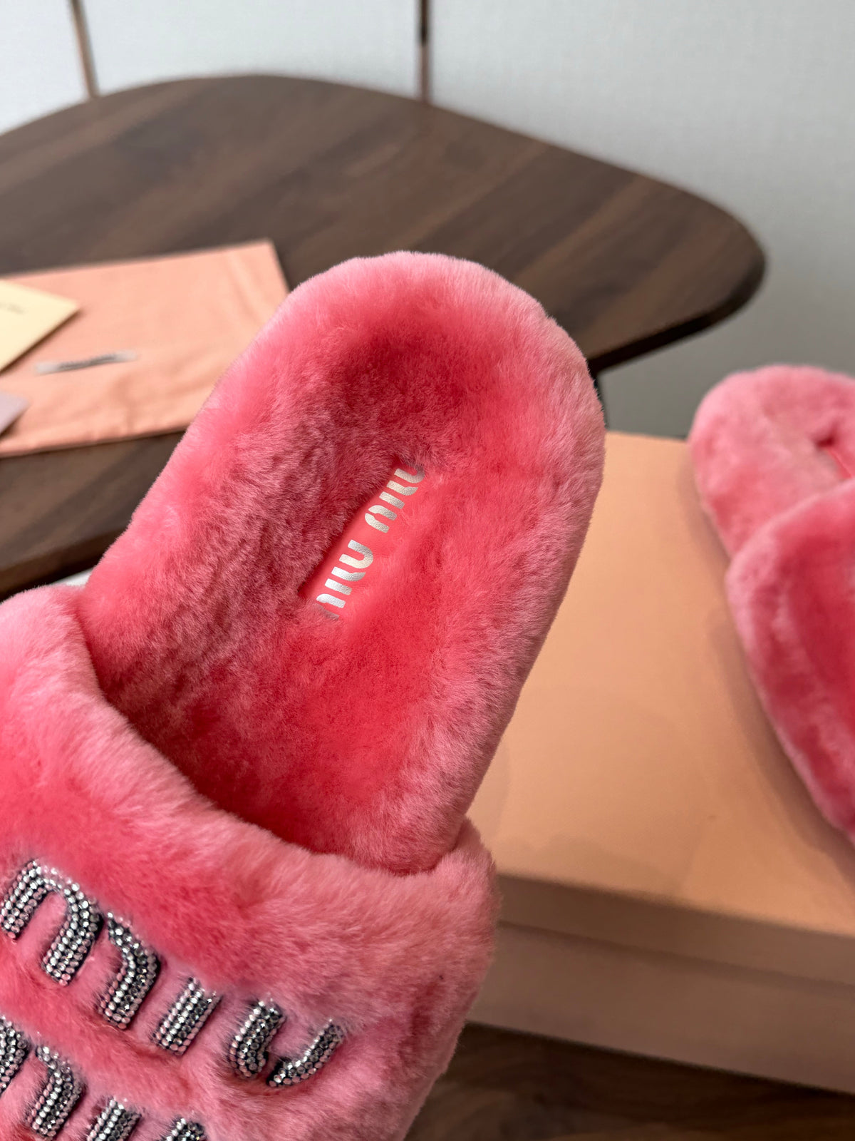 Miumiu 26s Crystal Logo Slides Pink Shearling