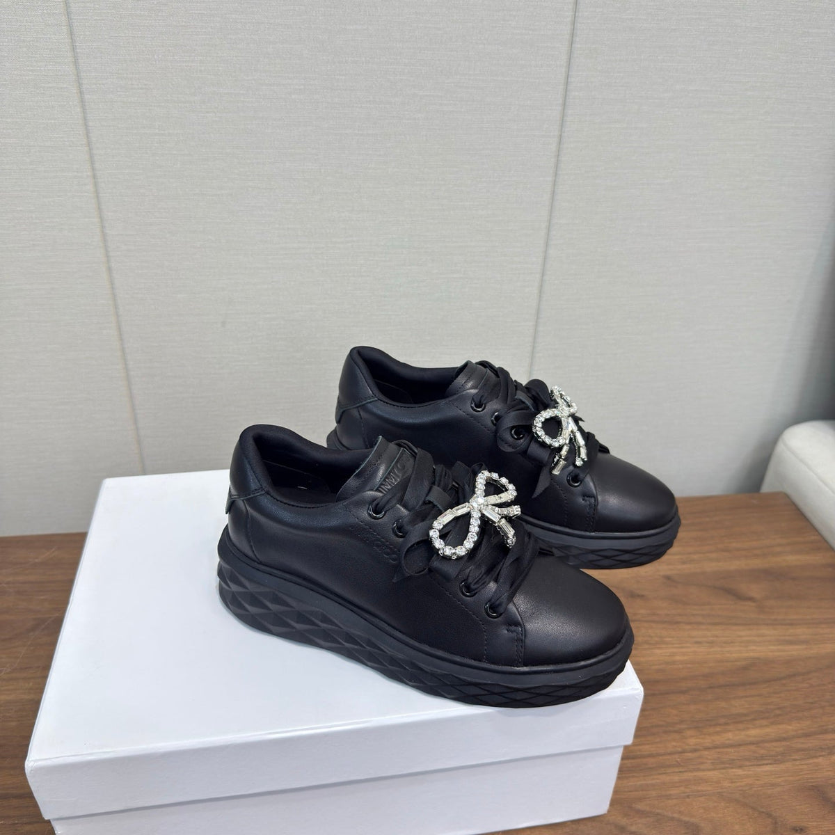 Jimmy Choo 26S Sneakers 5.5cm Black Calfskin With Crystal Bow 472915
