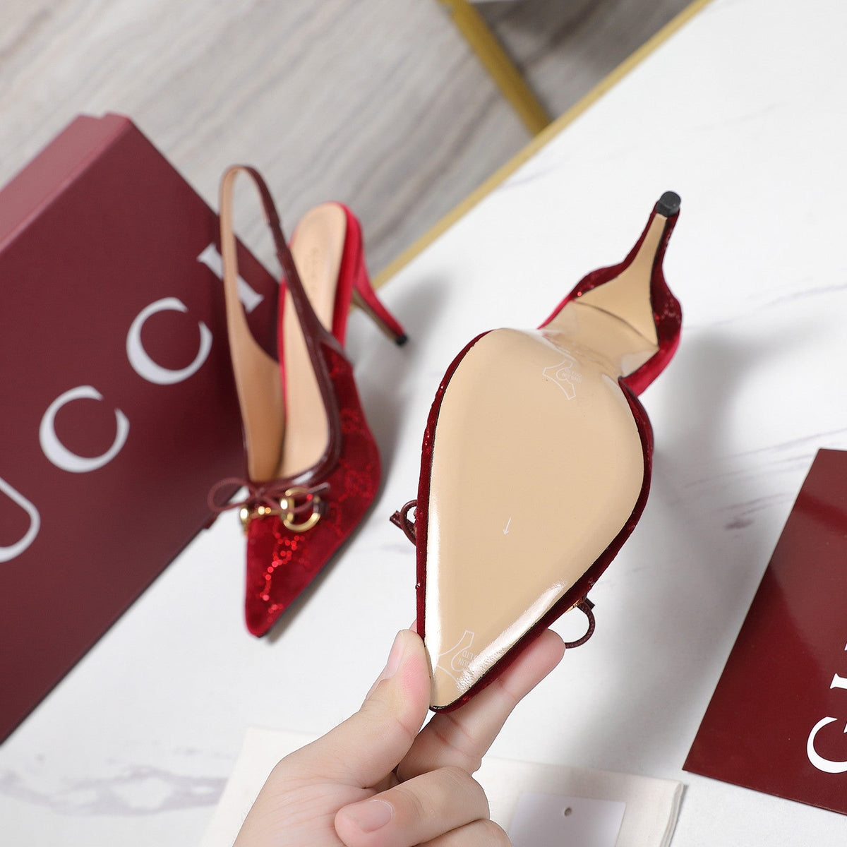 Gucci 26s Slingback Pumps 10cm Dark Red Velvet Gold Hardware With Bow