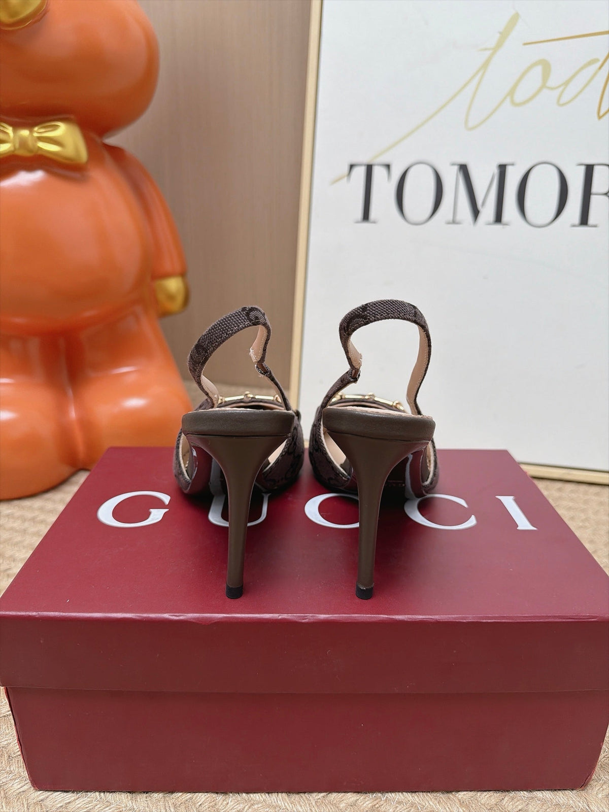 Gucci 26s Slingback Heels 10.5cm Dark Brown Canvas Mix Lambskin