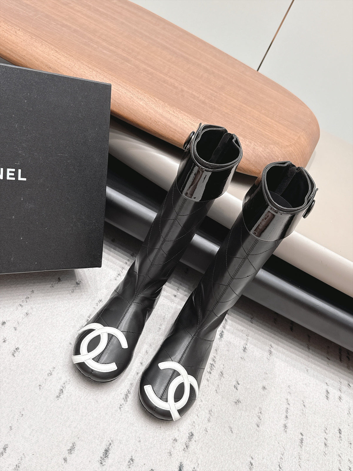 Chanel 26s Knee High Boots Black Quilted Calfskin Patent Cuff