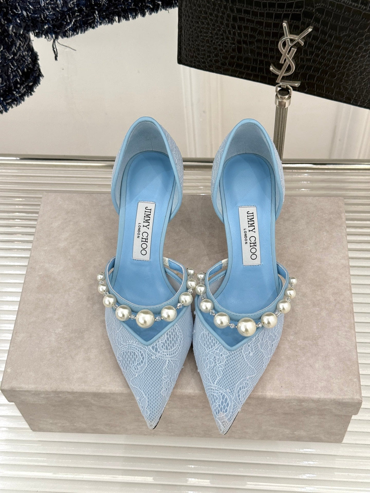 Jimmy Choo 26S High Heels 6.5cm Sky Blue Lace Pearl-Embellished 824915