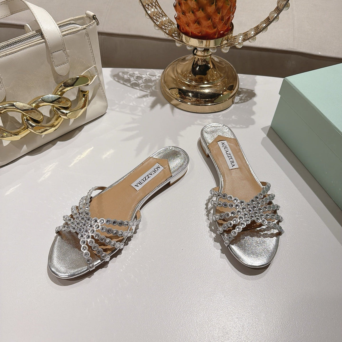 Aquazzura 26s Slides Silver Lambskin Crystal Embellished 820493