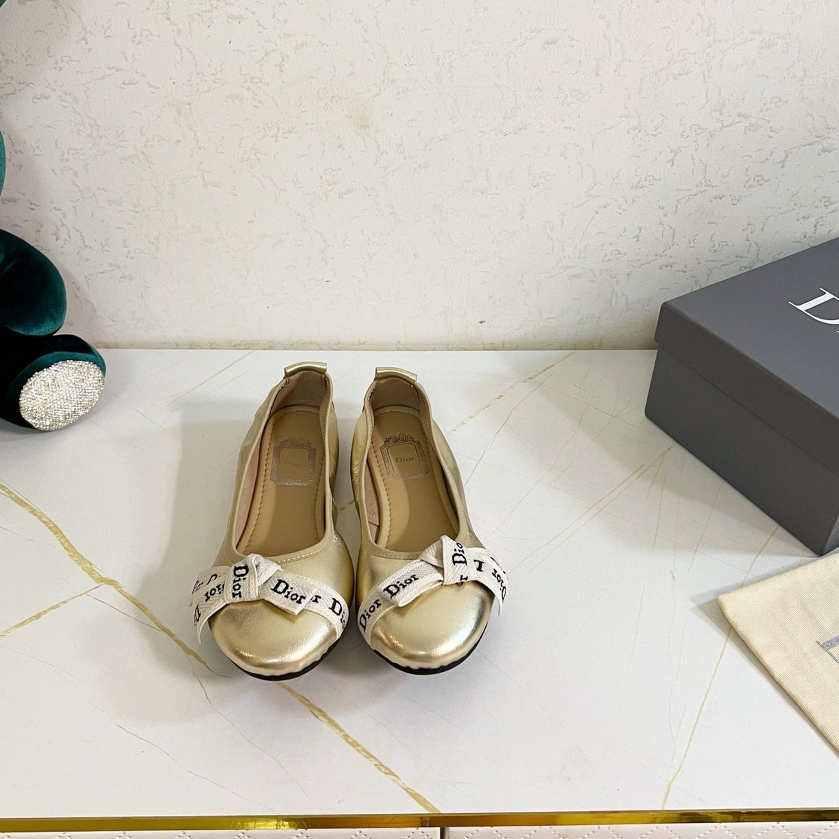 Dior 26s Bow Ballet Flats Gold Calfskin
