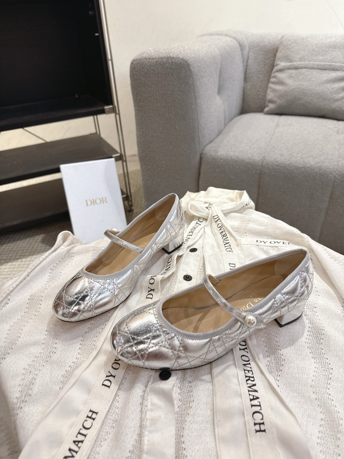 Dior 26s Mary Jane Pumps Silver Lambskin Pearl-Adorned Strap