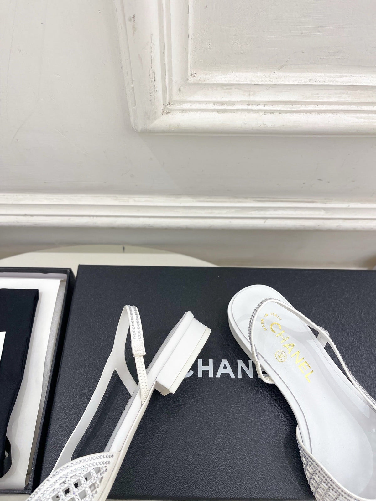 Chanel 26s Flat Pointed Toe Slingback White Mesh Black Toe Cap