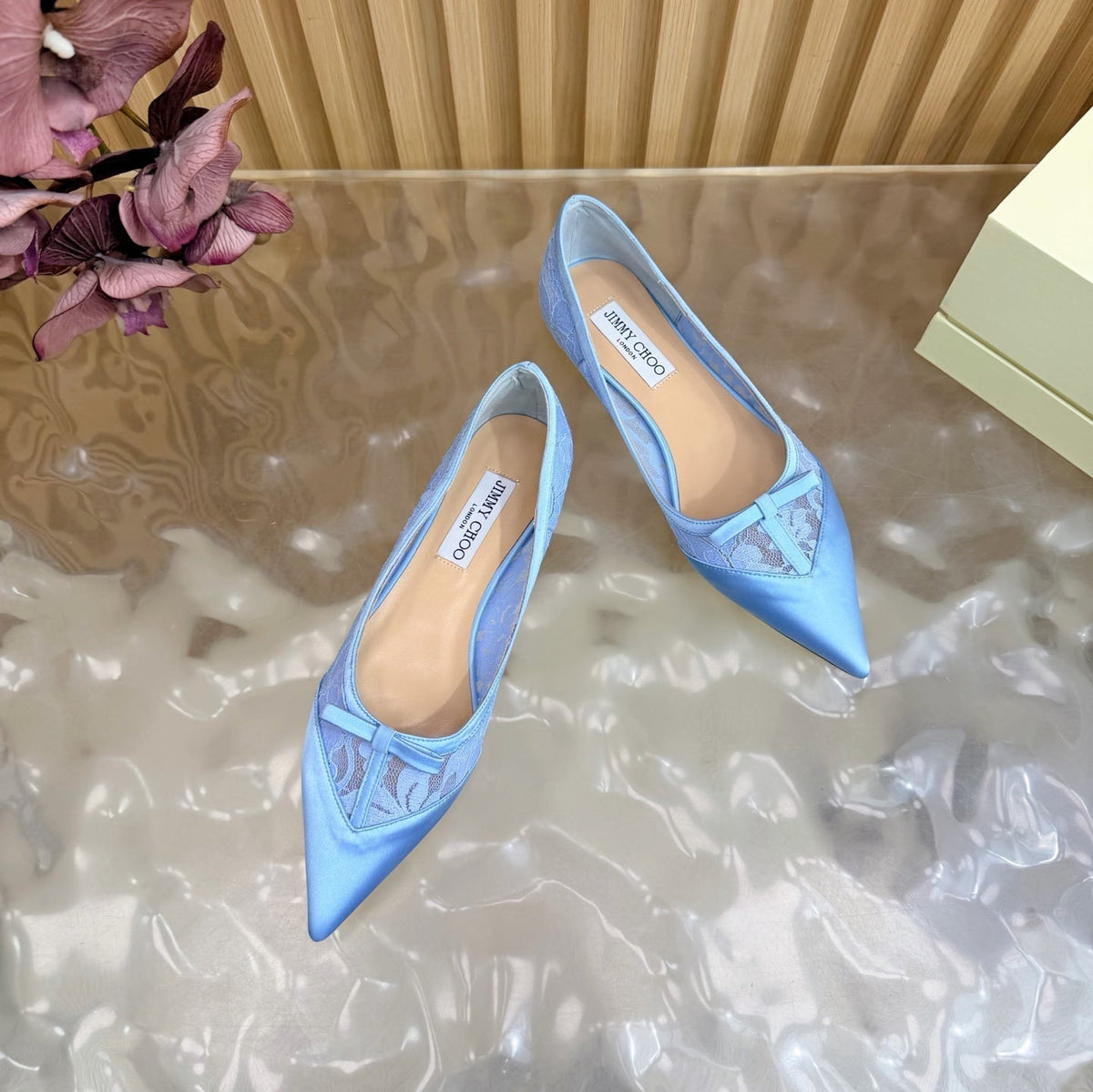 Jimmy Choo 26S Flats Sky Blue Lace And Satin 914835