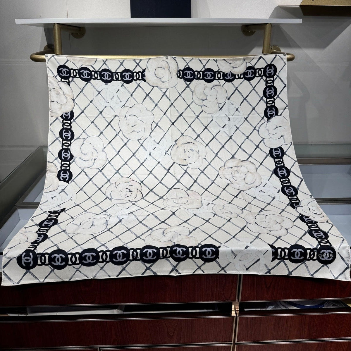 Chanel 2026 Flower Pattern Scarf 90cm Black White Twill Silk 209018