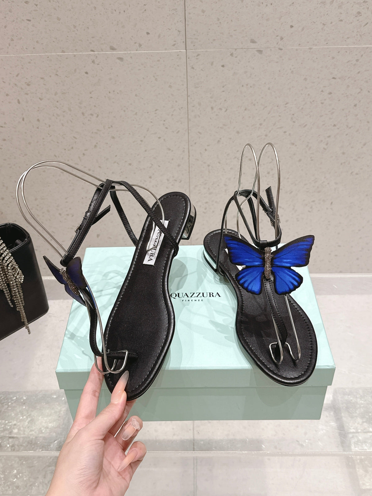 Aquazzura 26s Butterfly Thong Sandals Black Lambskin 739201