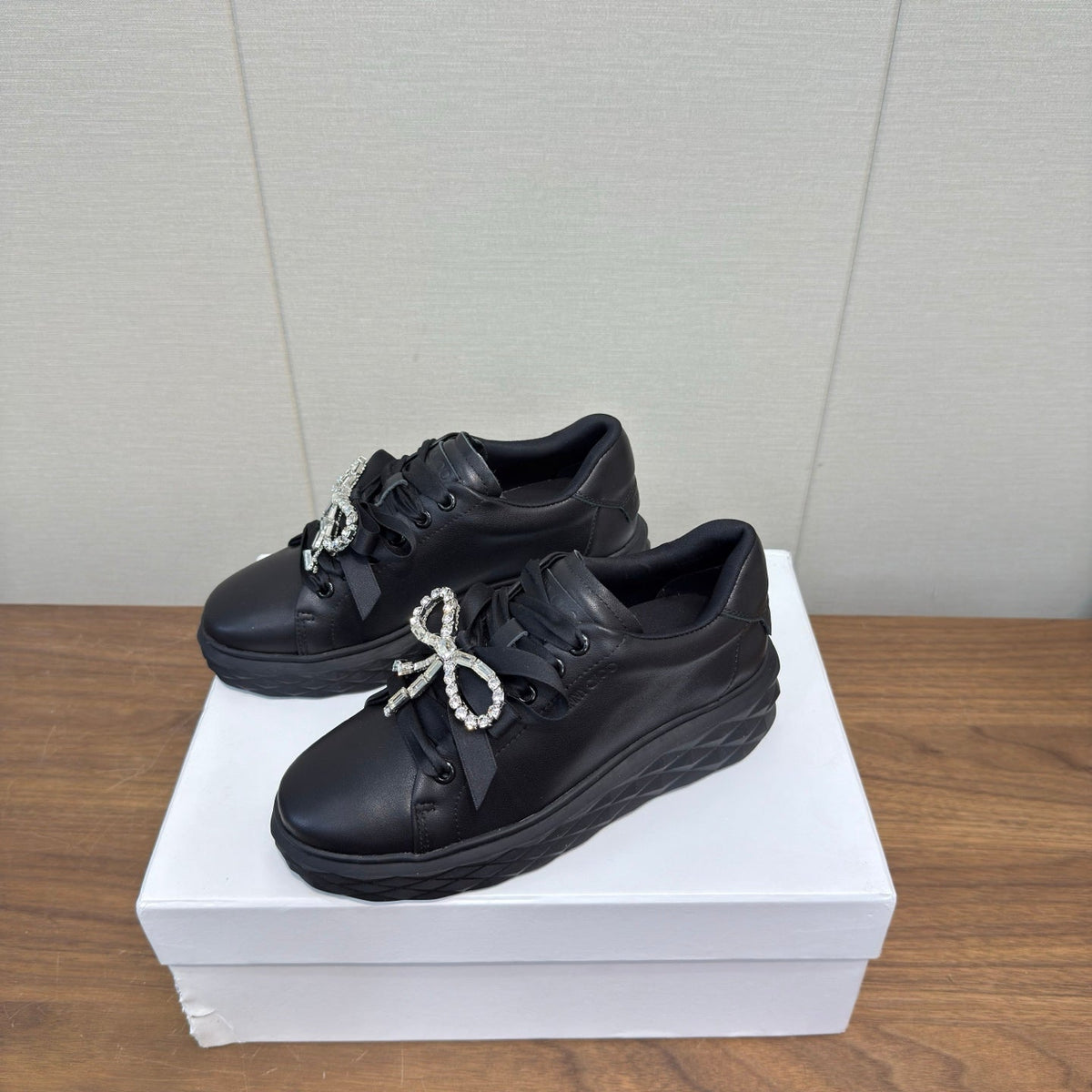 Jimmy Choo 26S Sneakers 5.5cm Black Calfskin With Crystal Bow 472915