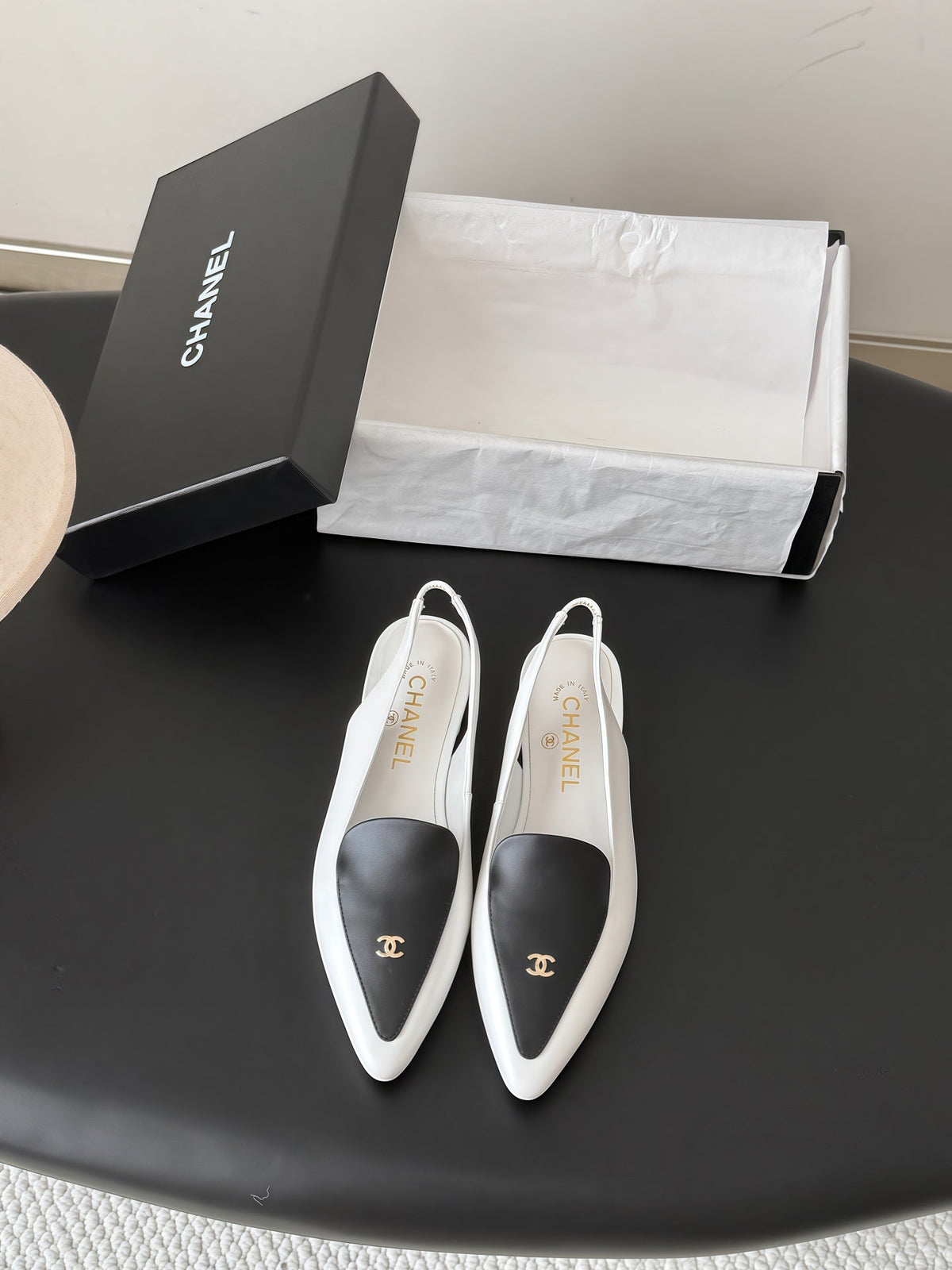 Chanel 26s Slingback Flat Black White Calfskin