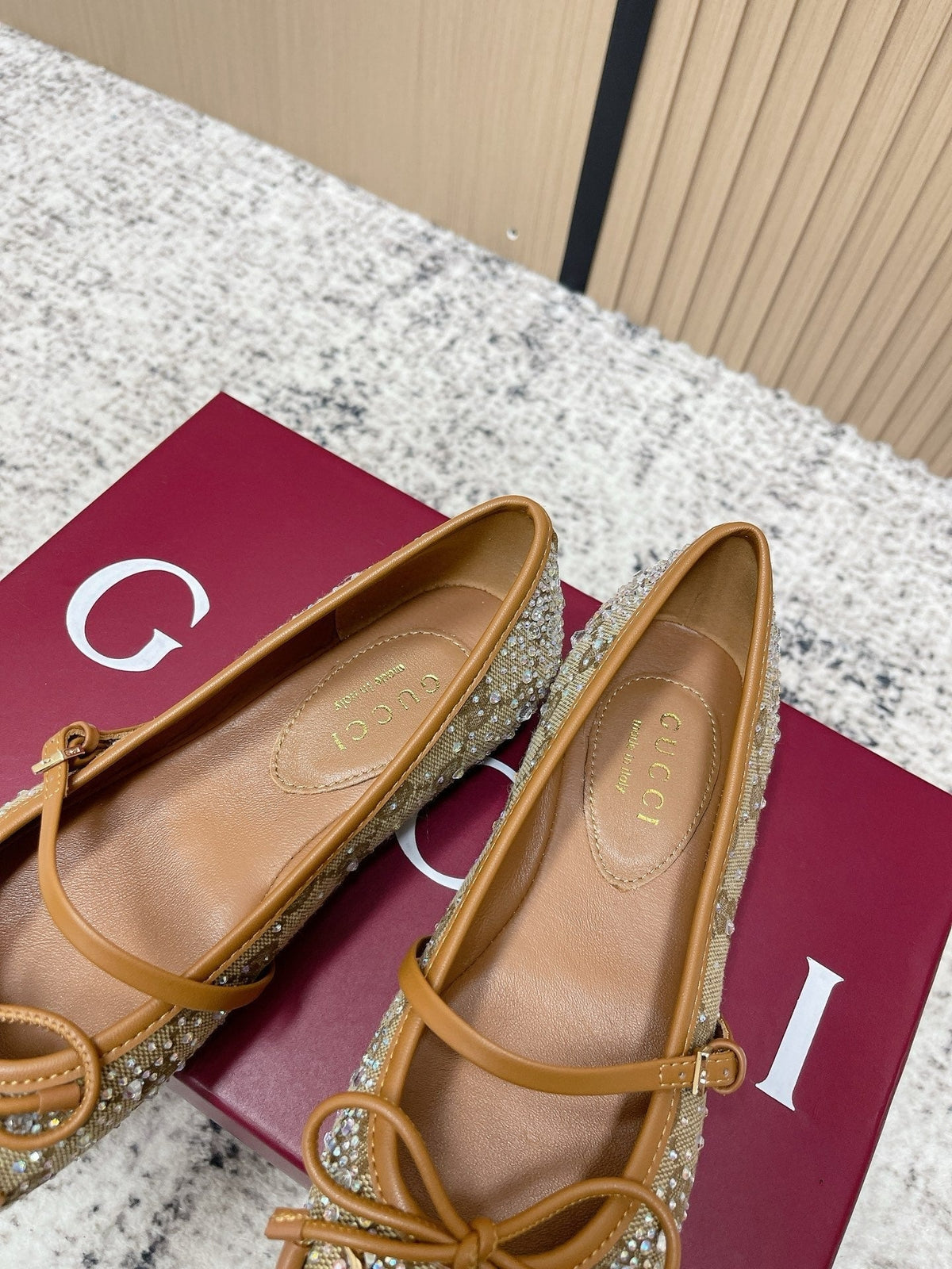 Gucci 26S Ballet Flats In Dark Beige Canvas With Crystals
