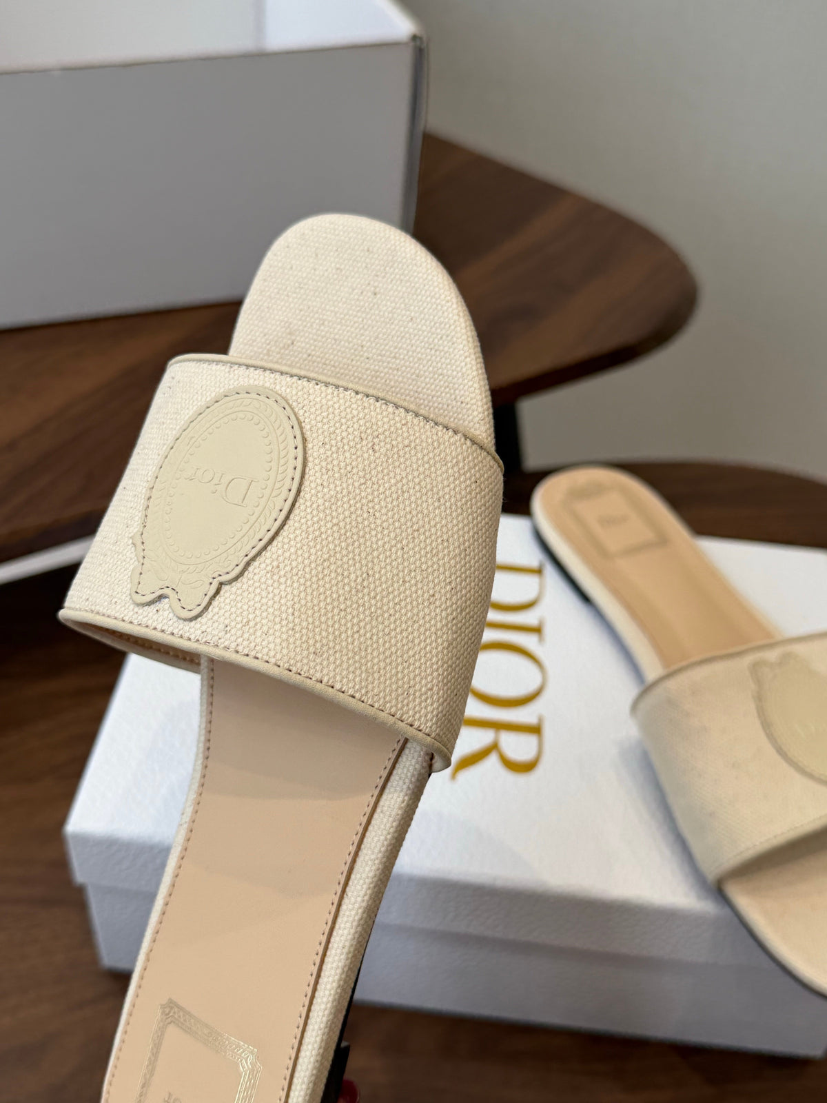 CD 26s D Badge Flat Slide Sandals Ivory White Canvas And Calfskin 294815