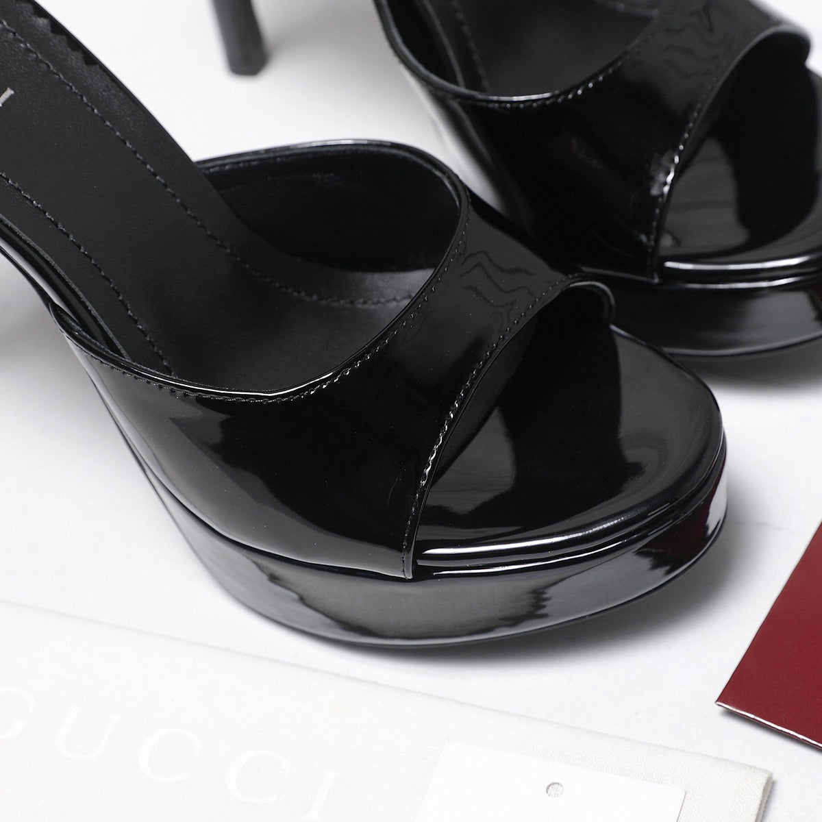 Gucci 26s Heeled Slide Sandals 12cm Black Patent Calfskin