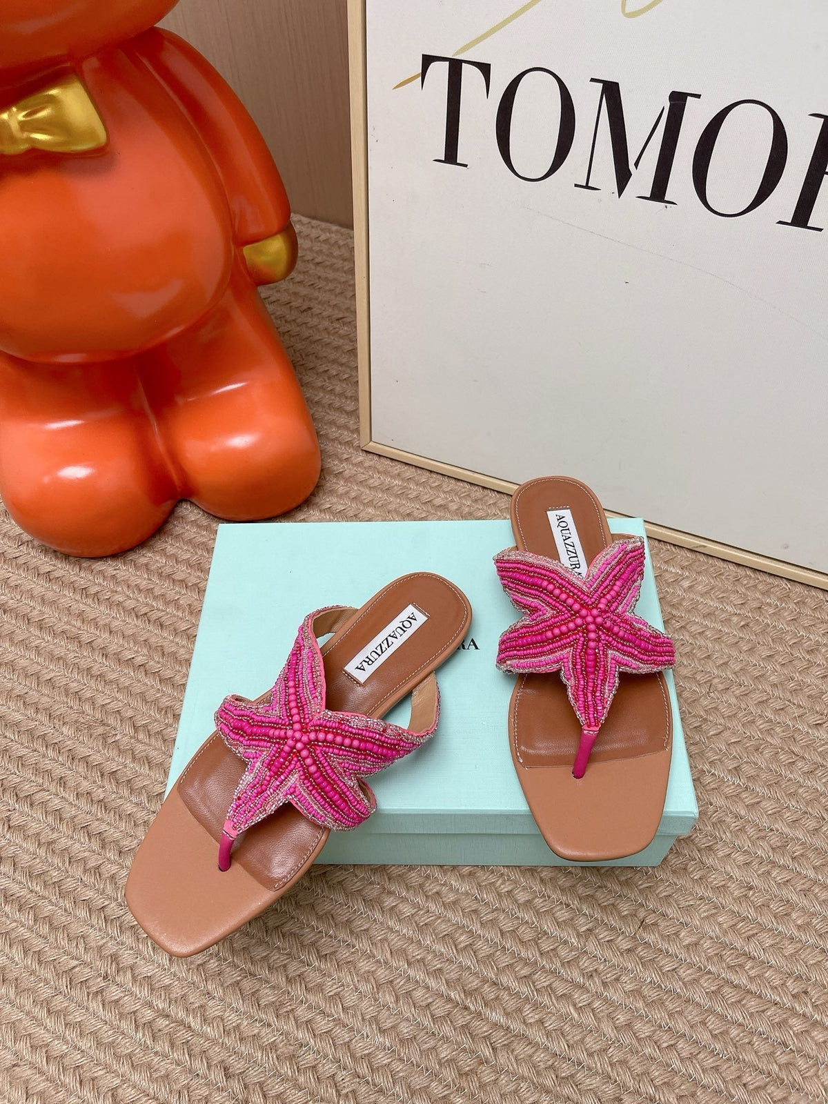 Aquazzura 26s Starfish Beaded Thong Sandals Pink And Brown Lambskin 839205