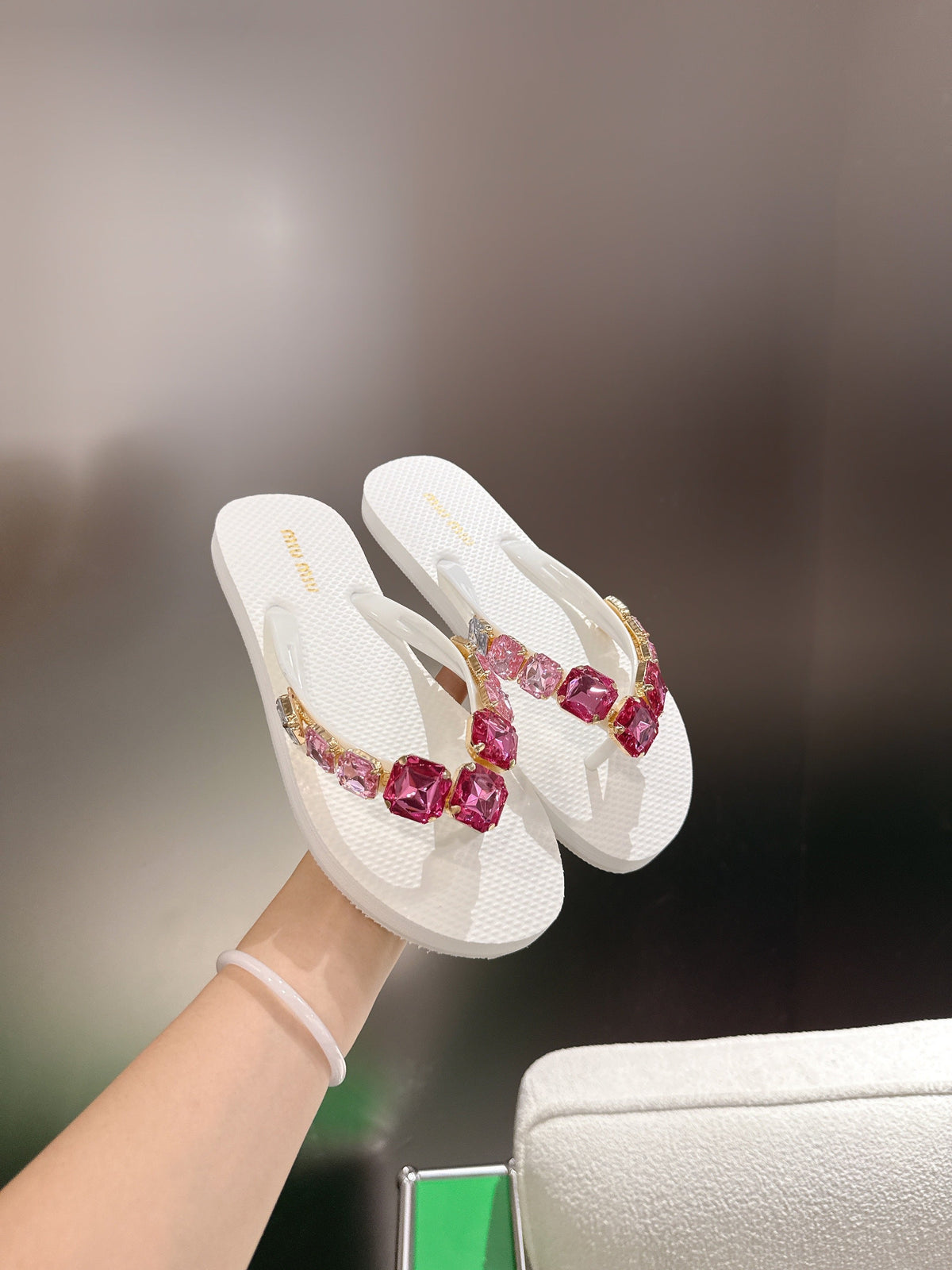 Miumiu 26s Thong Sandals White Eva Pink Crystal-embellished