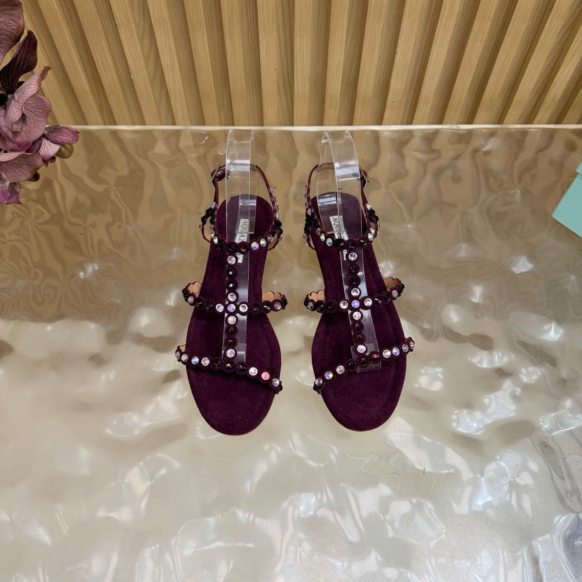Aquazzura 26s Flat Sandals Burgundy Suede Crystal Embellished 482159
