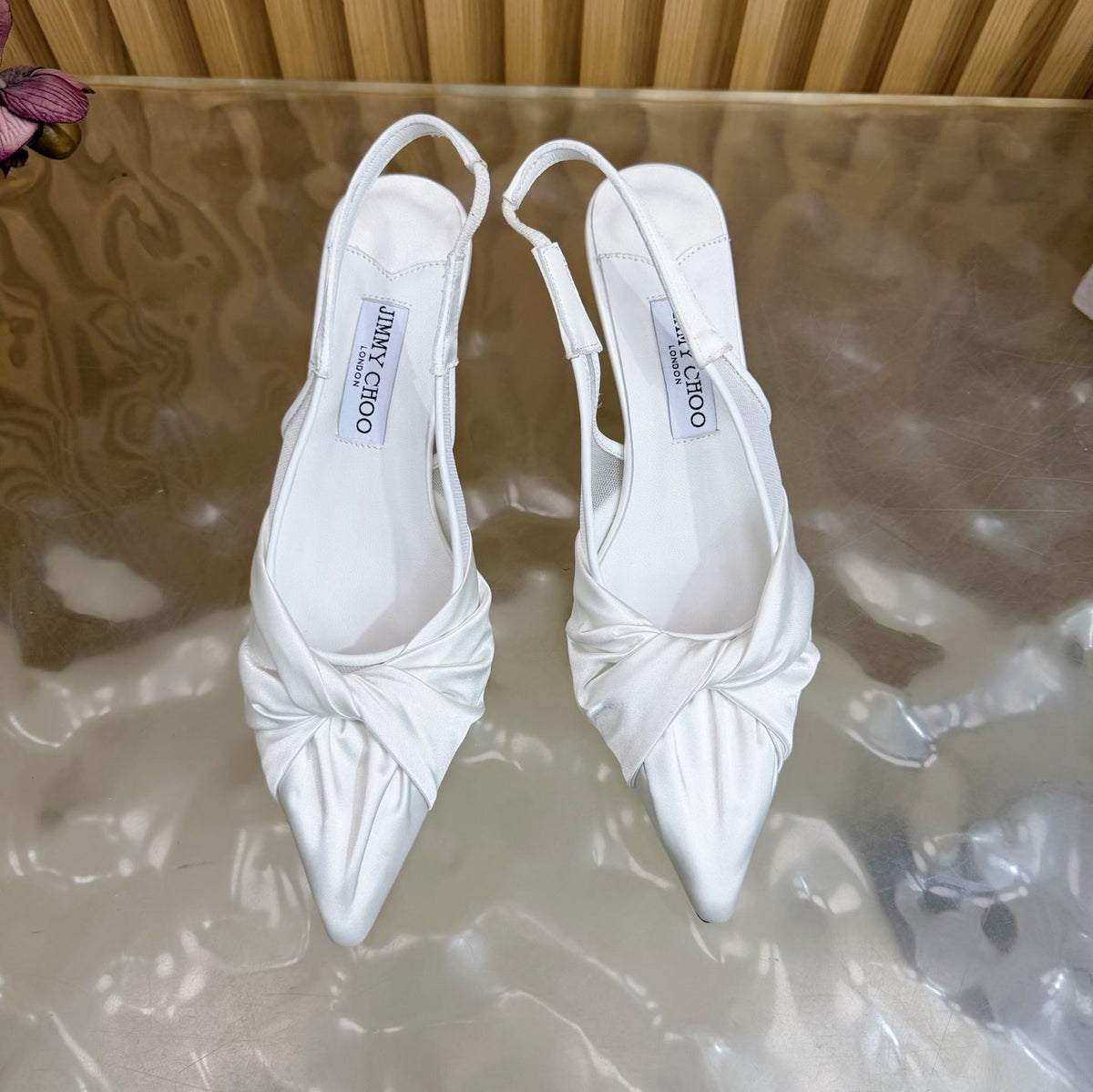 Jimmy Choo 26S Slingback Heels 6.0cm White Satin With Knot Detail 715934