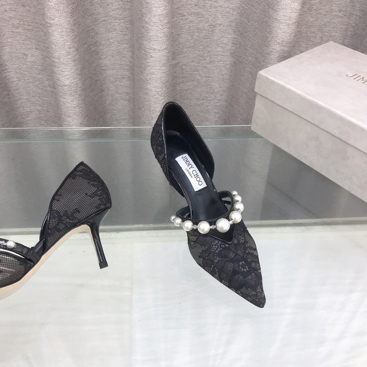 Jimmy Choo 26S High Heels 6.5cm Black Lace Pearl-Embellished 529418