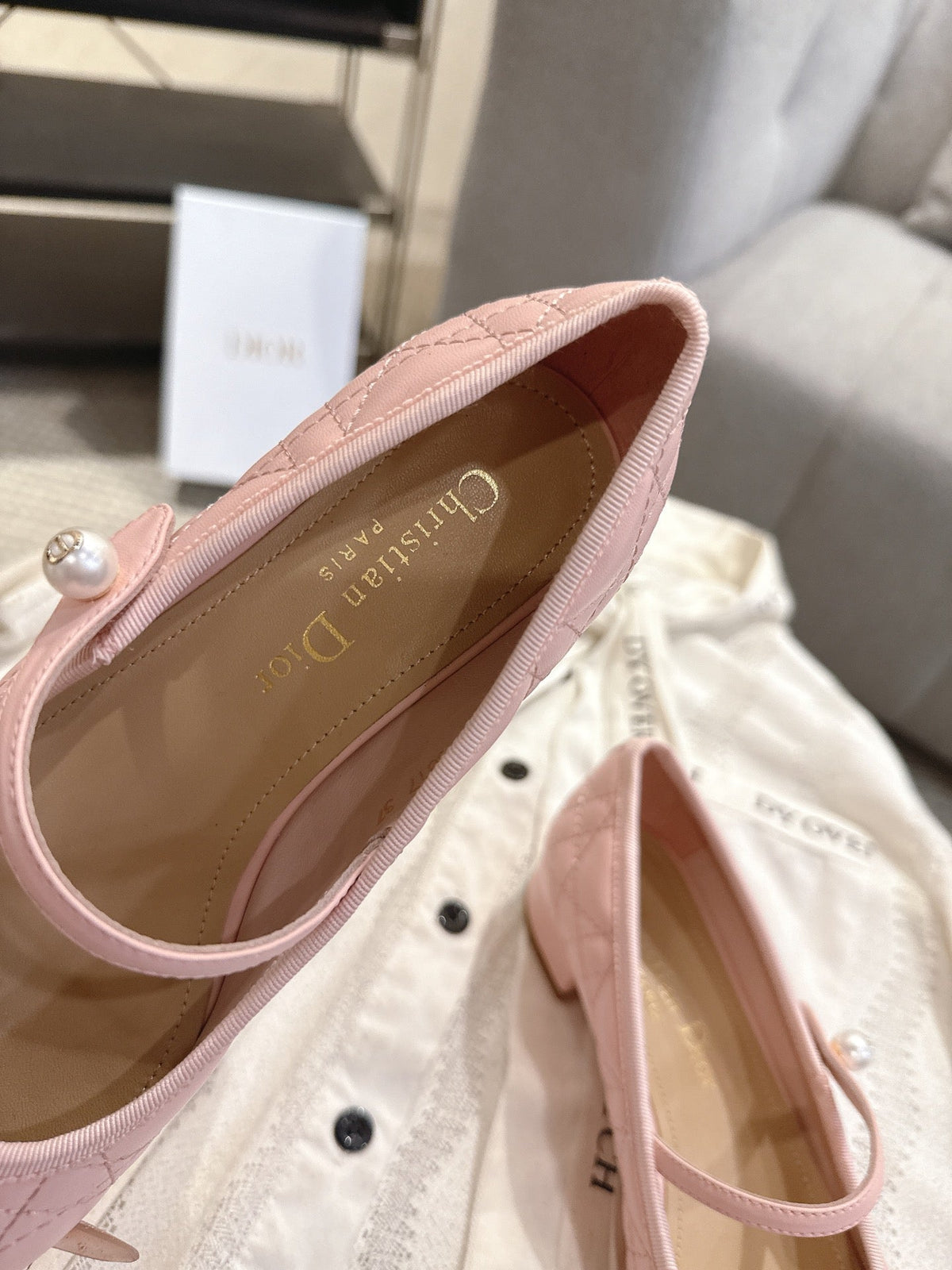 Dior 26s Mary Jane Pumps Light Pink Lambskin Pearl-Adorned Strap