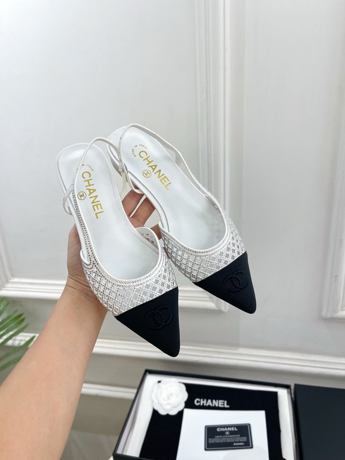 Chanel 26s Flat Pointed Toe Slingback White Mesh Black Toe Cap