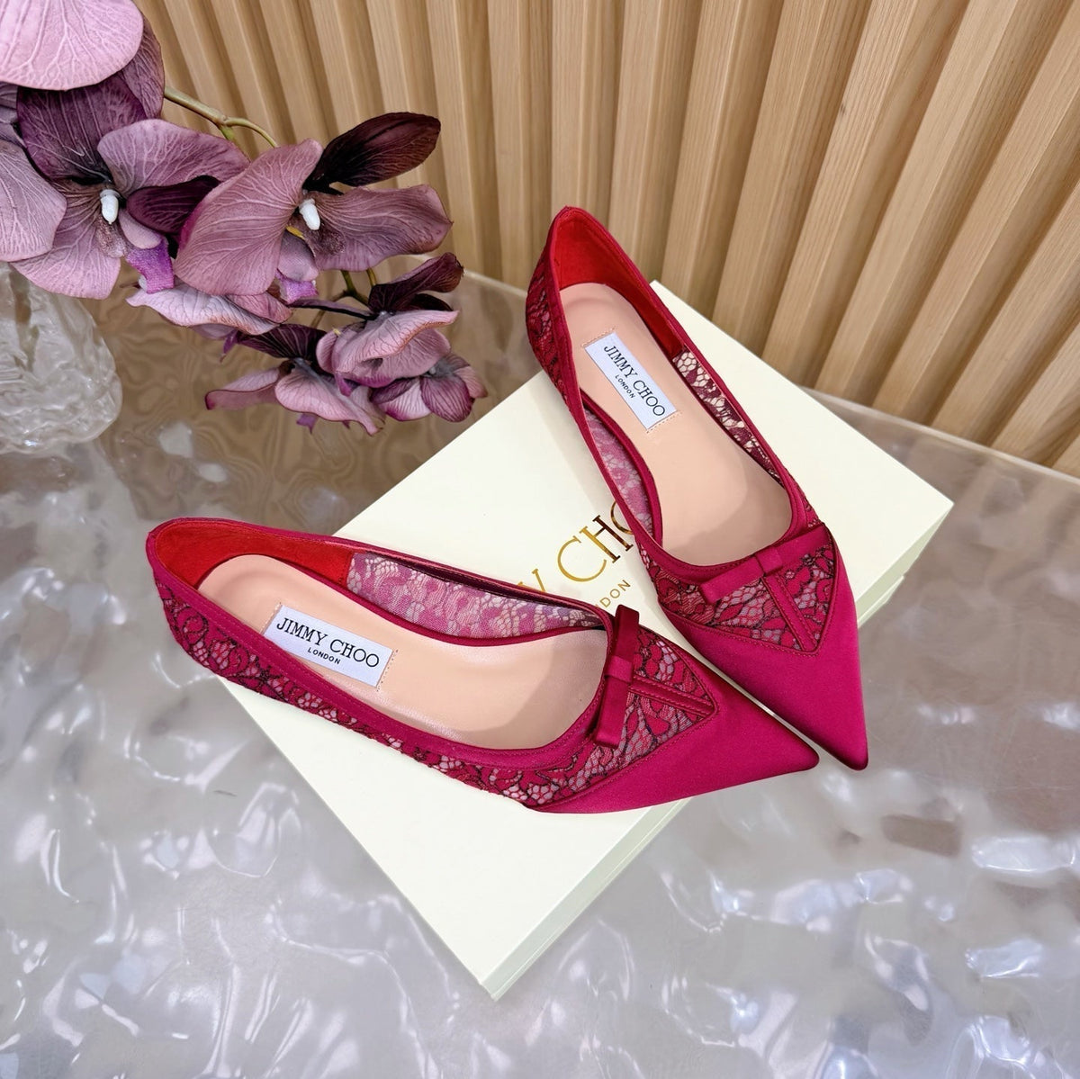 Jimmy Choo 26S Flats Red Lace And Satin 718324