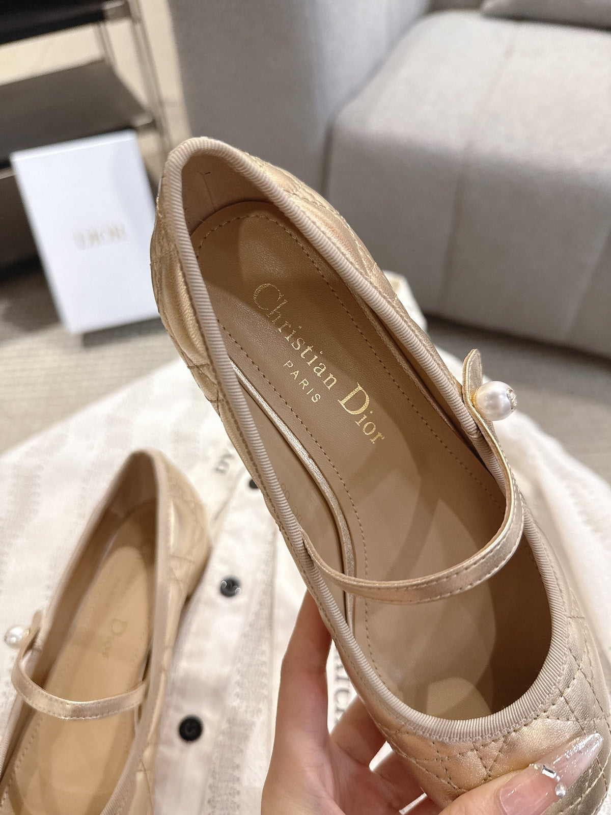 Dior 26s Mary Jane Pumps Gold Lambskin Pearl-Adorned Strap