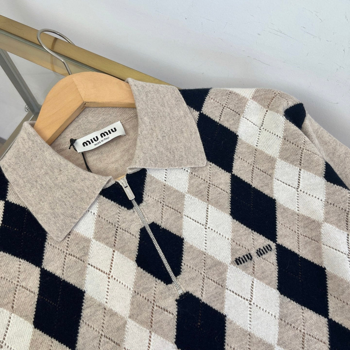 Miumiu 2026 Argyle Pattern Polo Sweater Beige Black Cashmere 435396