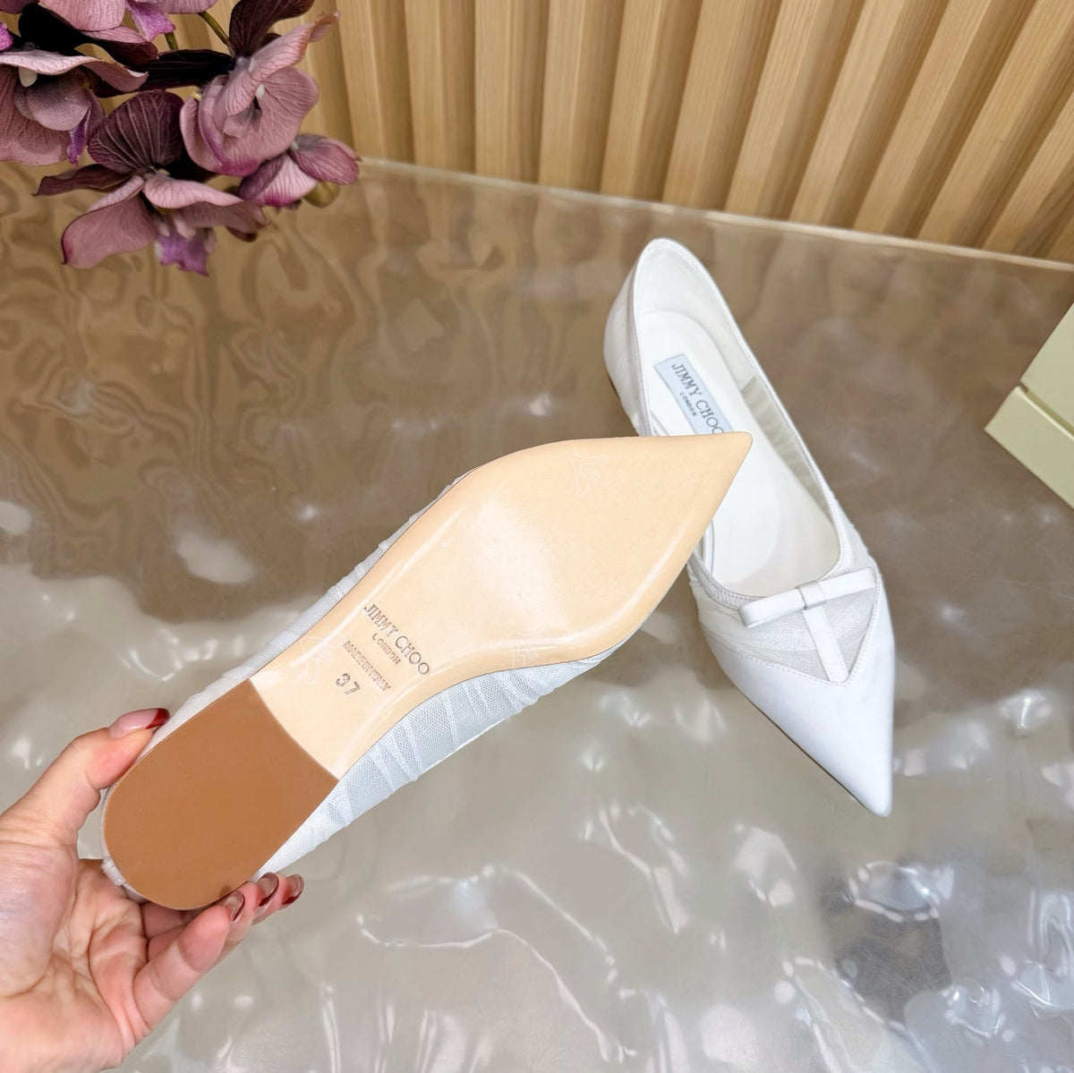 Jimmy Choo 26S Flats White Mesh And Satin 924371
