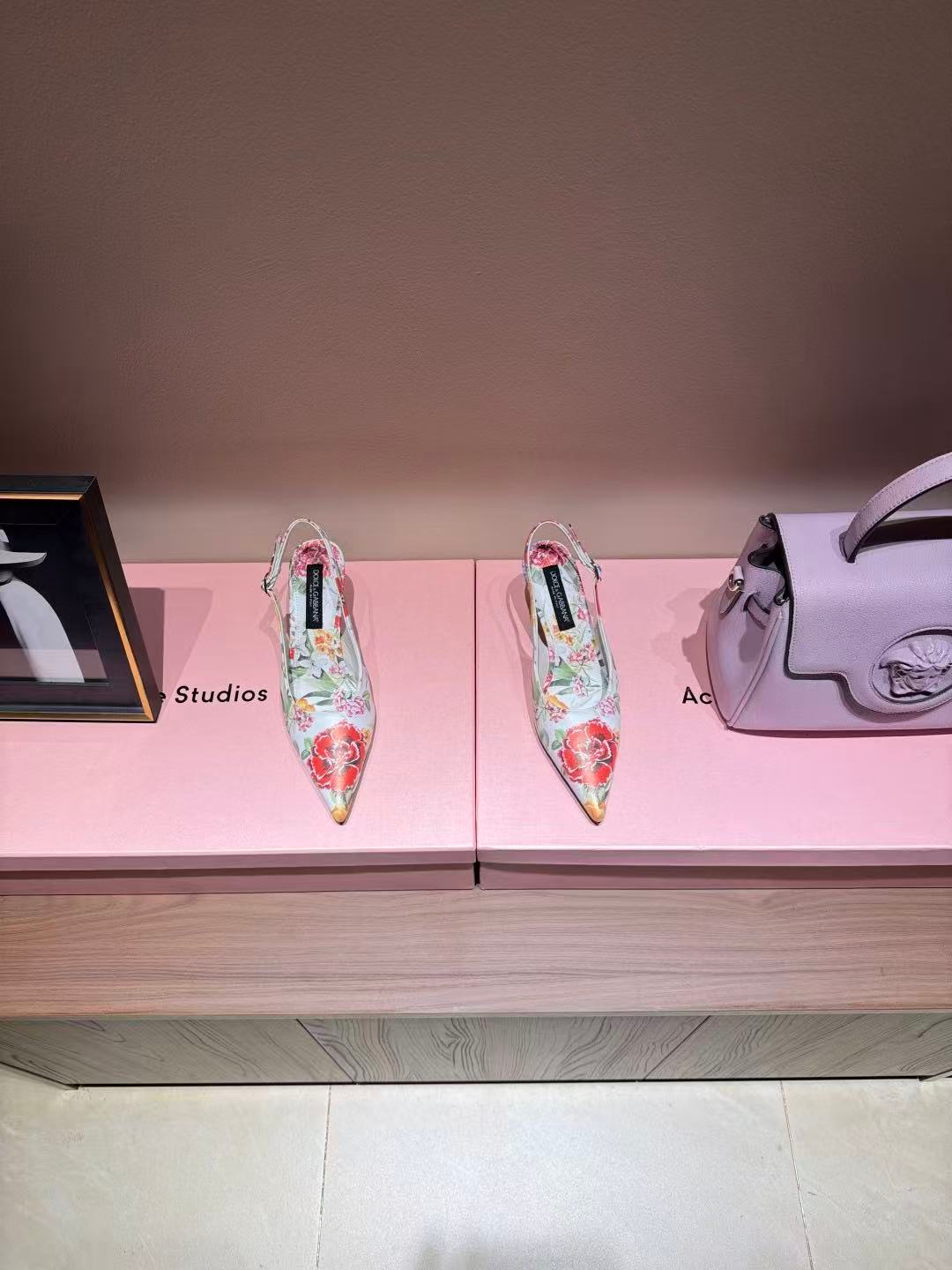 DG Floral-Print Slingback Pumps 7cm White Cotton