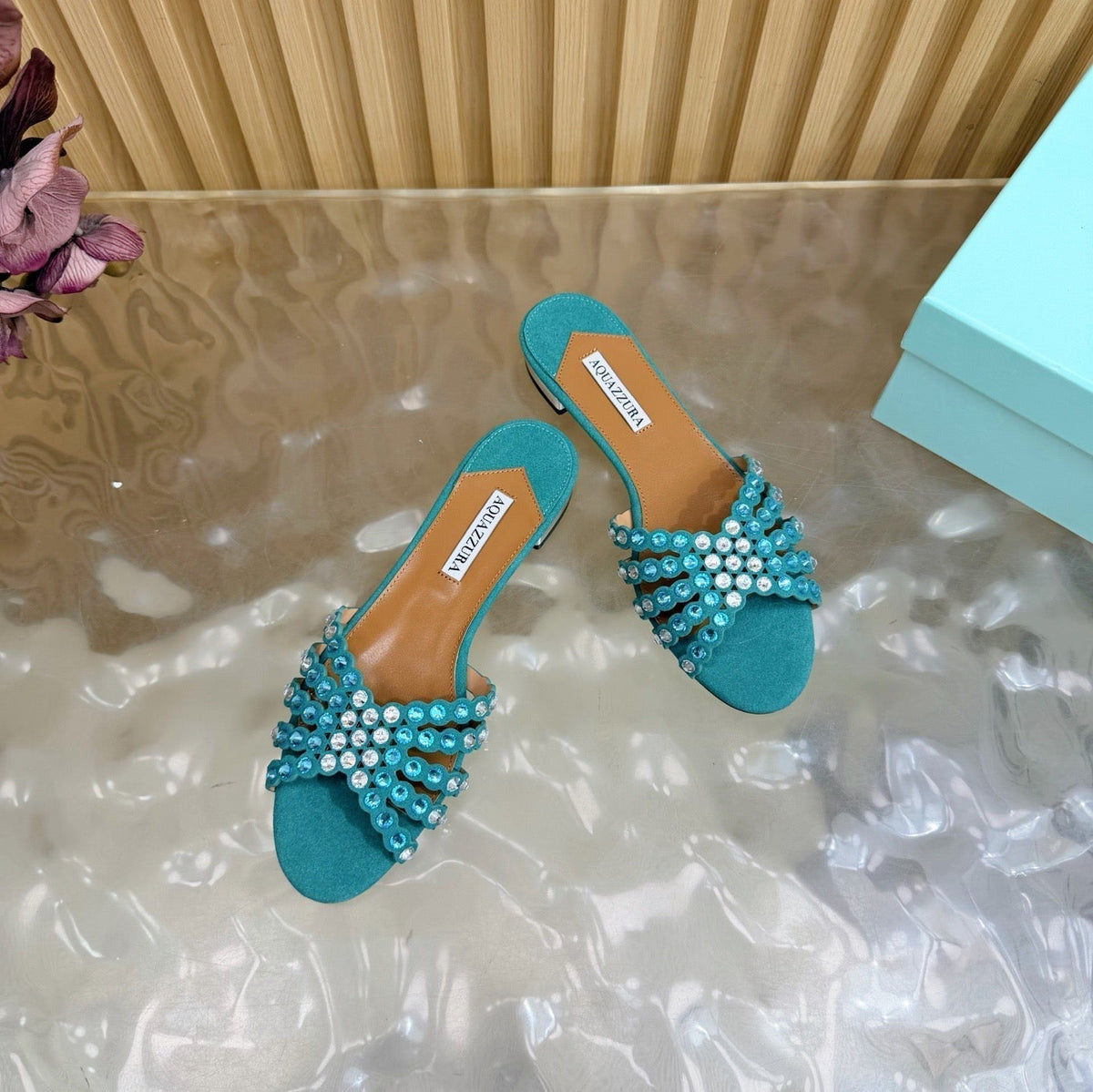 Aquazzura 26s Slides Emerald Green Suede Crystal-Embellished Straps 629154