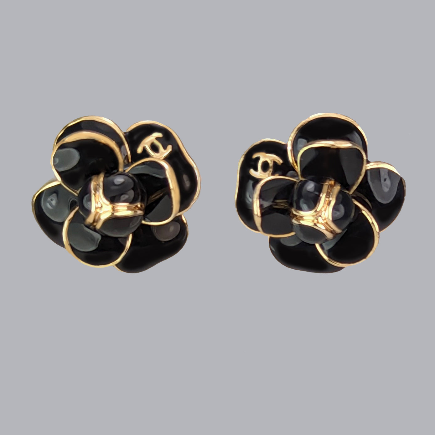 Chanel Black Enamel and Gold-Plated Metal Camellia CC Earrings