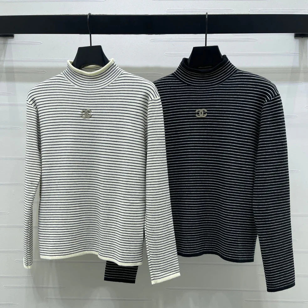 Chanel 2026 Striped Turtleneck Long Sleeve Sweater Wool
