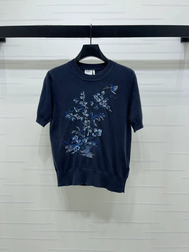 Dior 2026 Floral Embroidered Butterfl Short-Sleeve T-Shirt Wool