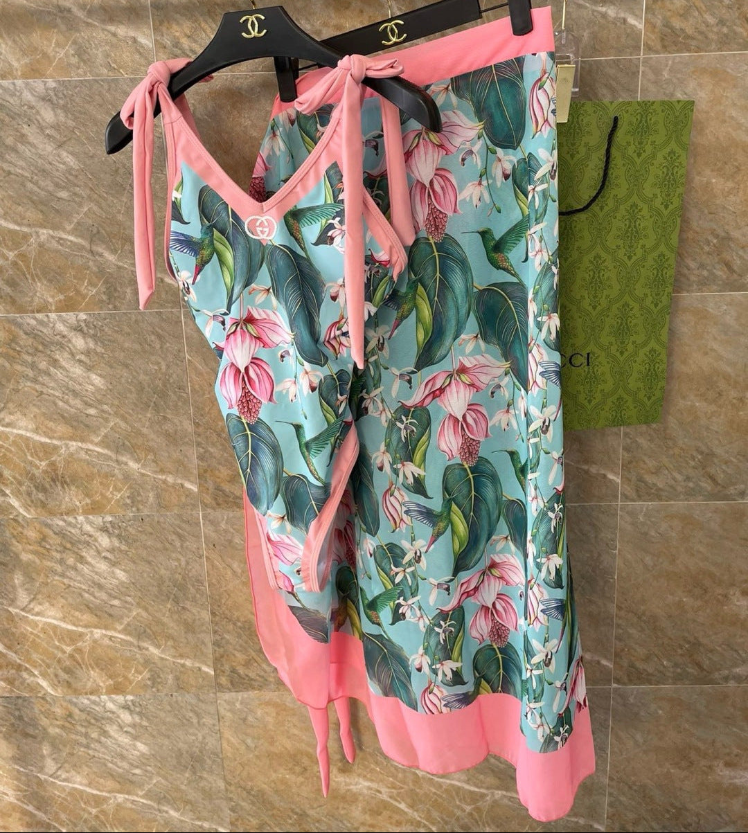 GG Tropical Floral Print One-Piece Swimsuit Green Pink 330760
