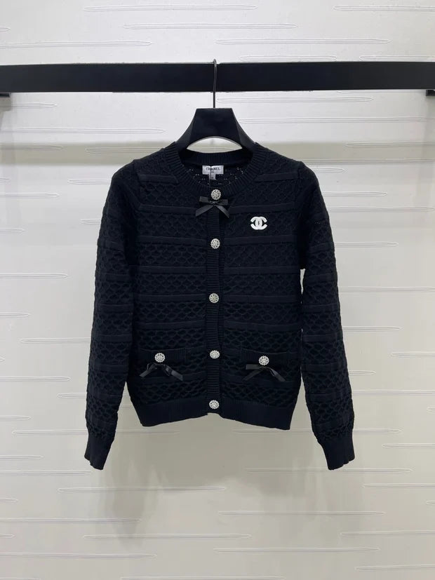 Chanel 2026 Ribbon Cardigan Black And White Wool 427250