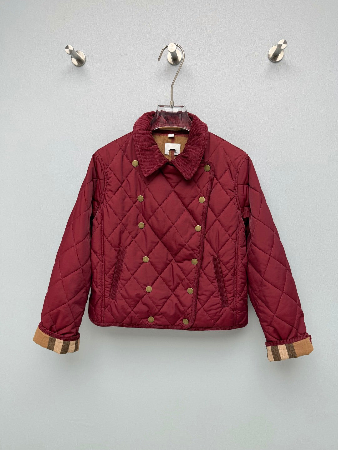 Burberry 26s Double Breasted Quilted Cropped Jacket Beige Red Black 444869