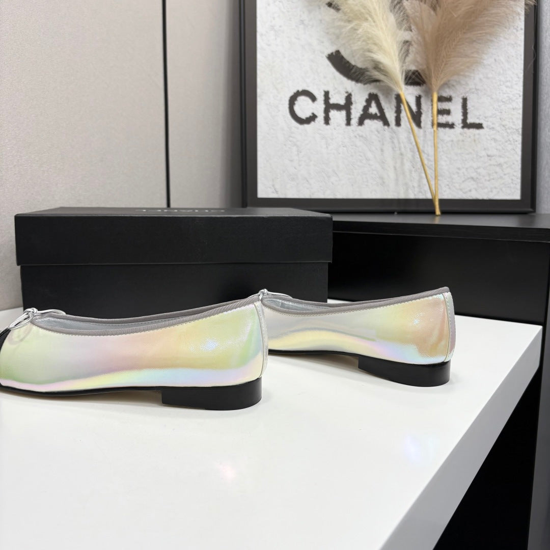 CC 2026 Ballet Flats Silver Black Logo Iridescent Rainbow Lambskin 161753