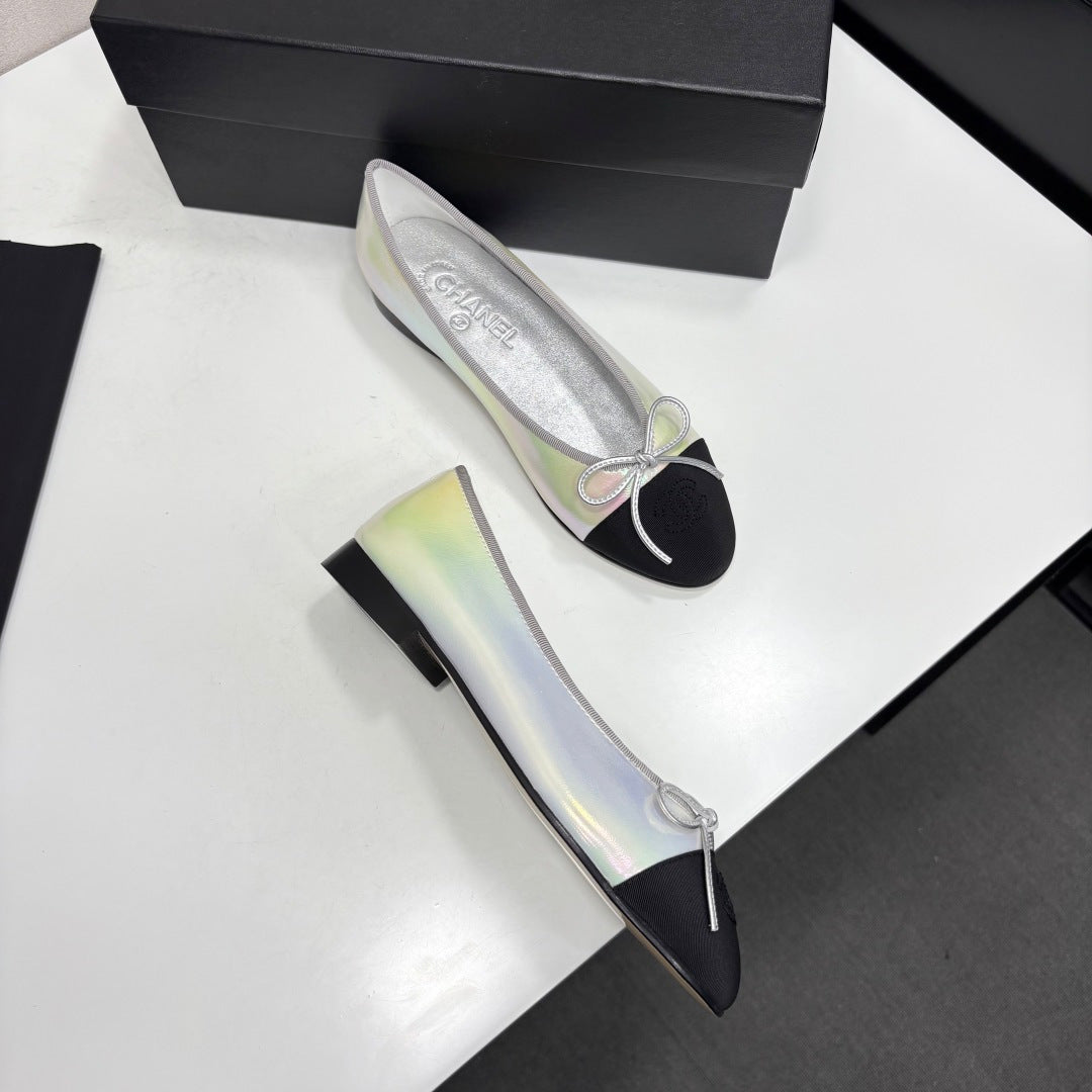 CC 2026 Ballet Flats Silver Black Logo Iridescent Rainbow Lambskin 161753