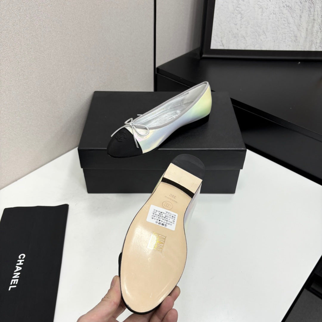 CC 2026 Ballet Flats Silver Black Logo Iridescent Rainbow Lambskin 161753