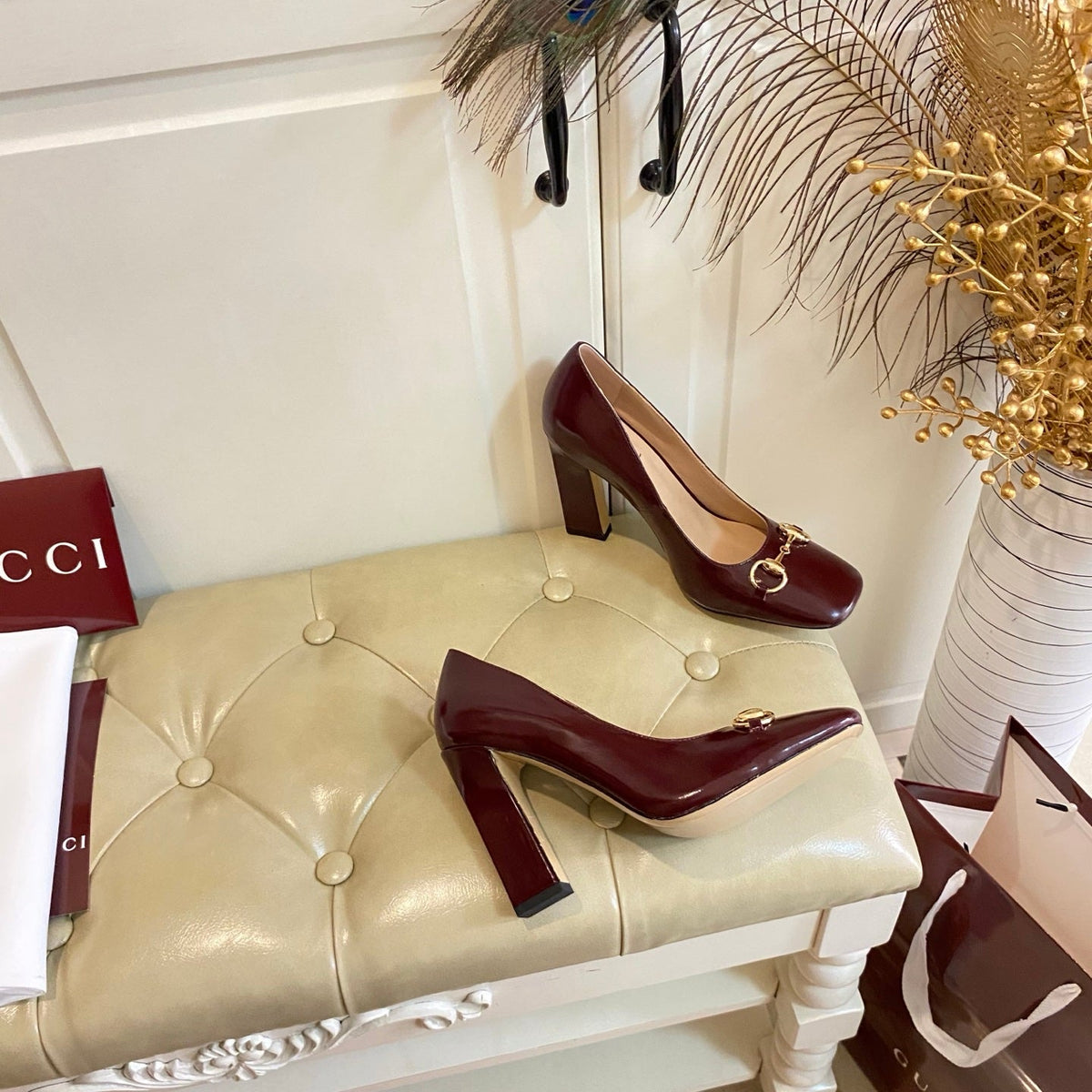 Gucci 26s Horsebit Mid-Heel Pumps 10cm Dark Red Calfskin