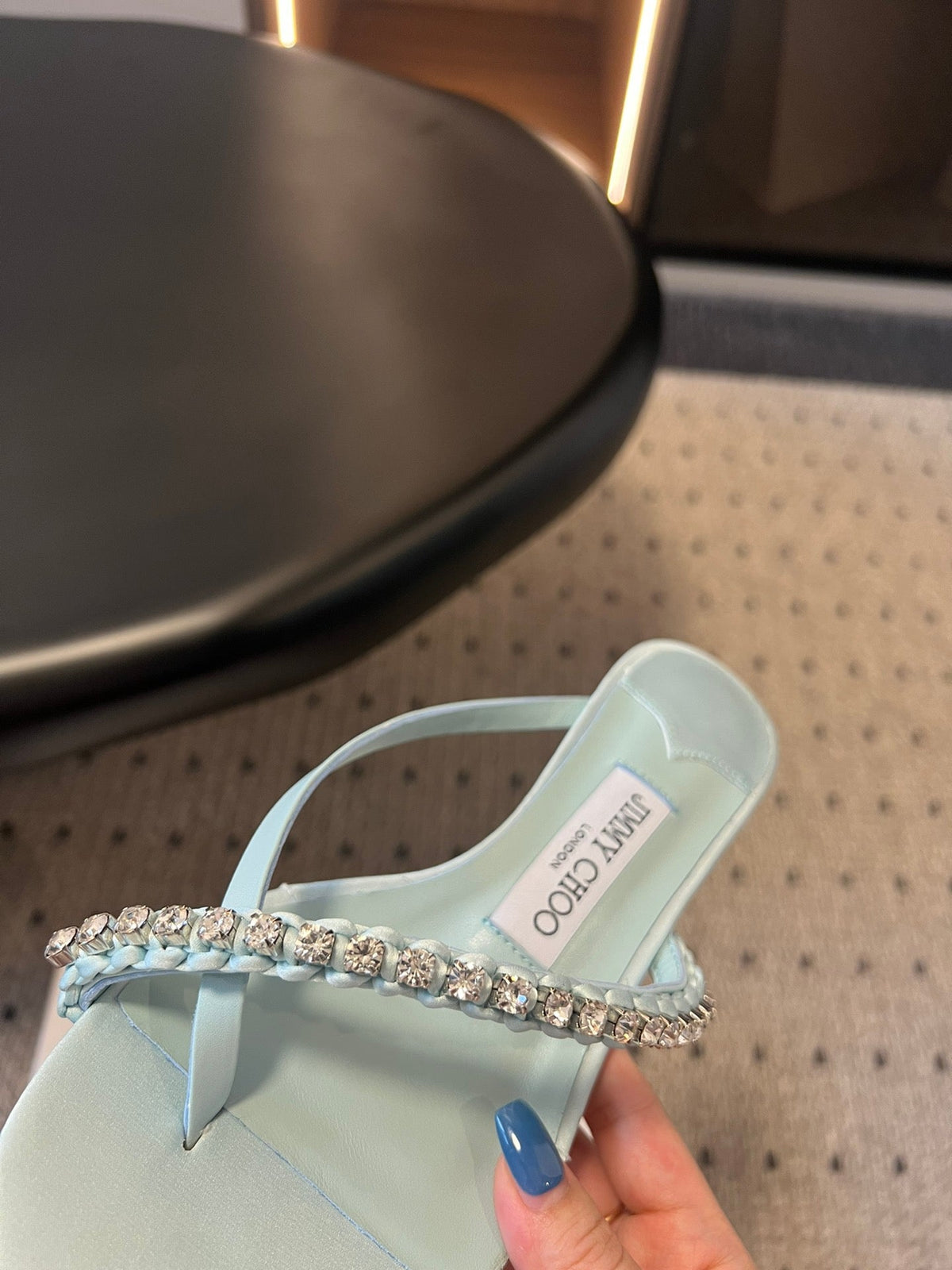 Jimmy Choo 26S Crystal Thong Sandals 4.5cm Pastel Blue Satin And Lambskin 629148