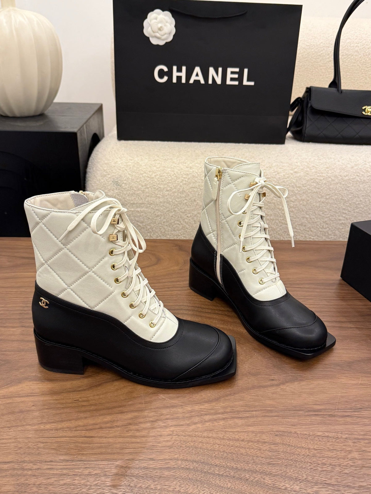 Chanel 26s Lace Up High Top Boots 4.5 Cm Black White Calfskin