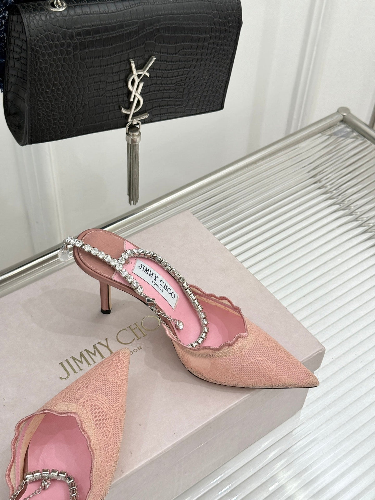 Jimmy Choo 26S Embellished High-Heeled Sandals 8.5cm Ballet Pink Lace 714392