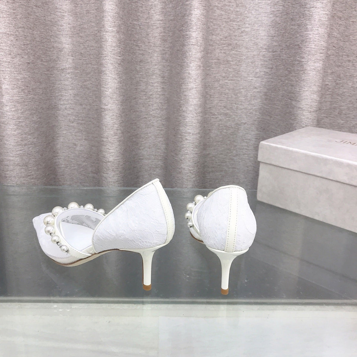 Jimmy Choo 26S High Heels 6.5cm White Lace Pearl-Embellished 714936