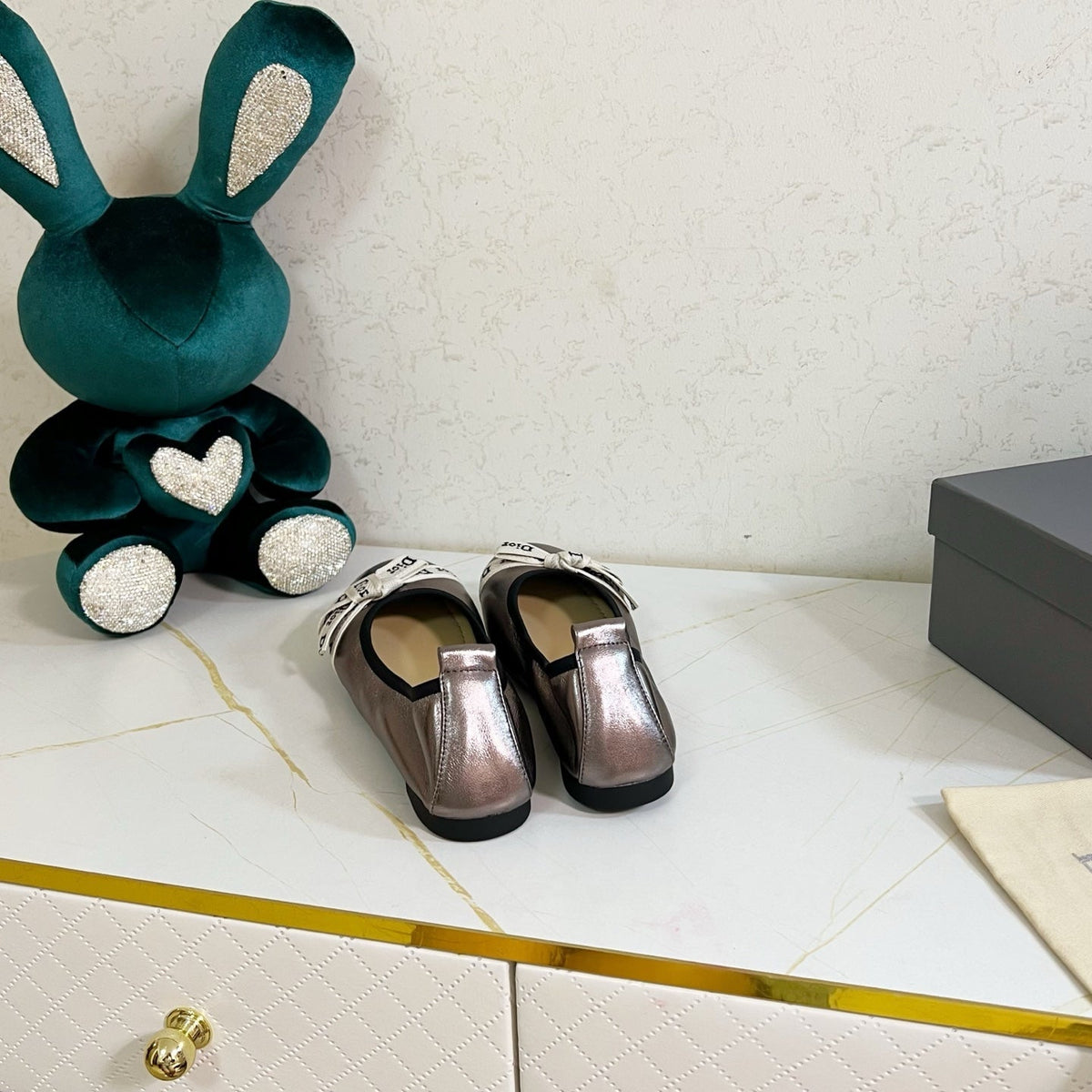 Dior 26s Bow Ballet Flats Taupe Metallic Calfskin
