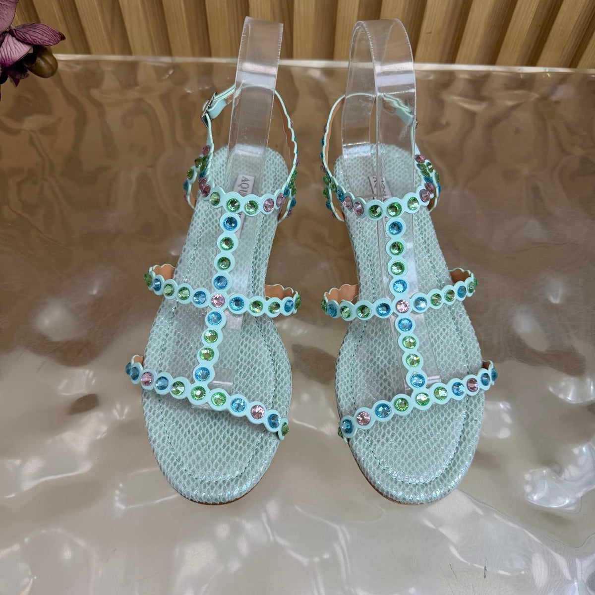 Aquazzura 26s Flat Sandals Light Blue Snakeskin Crystal Embellished 837261