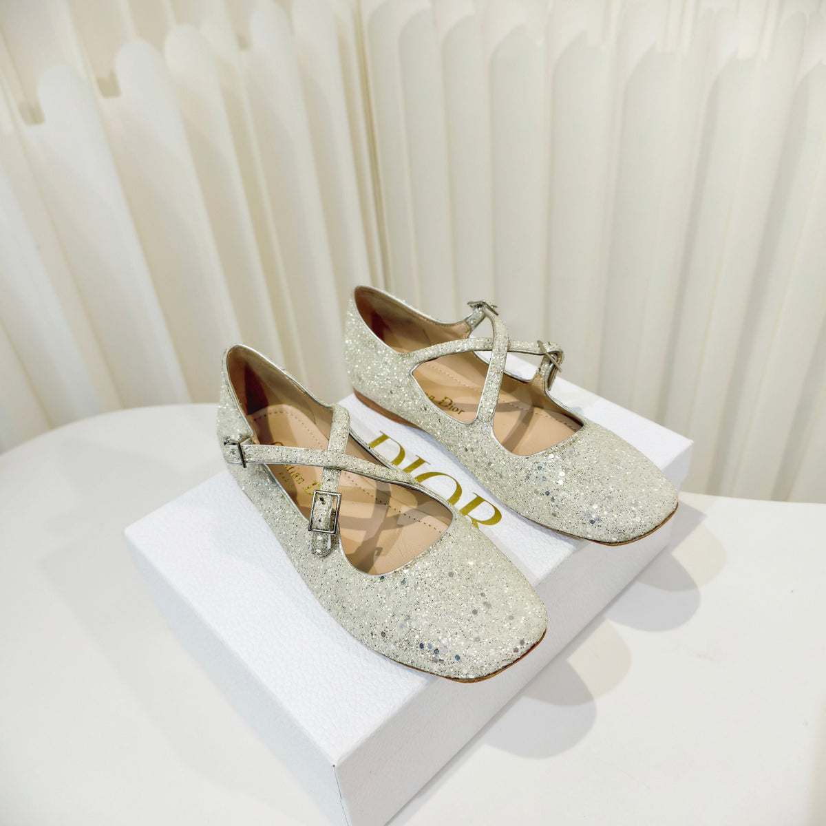 Dior 26s Mary Jane Flats Silver Sequin Embroidered Fabric