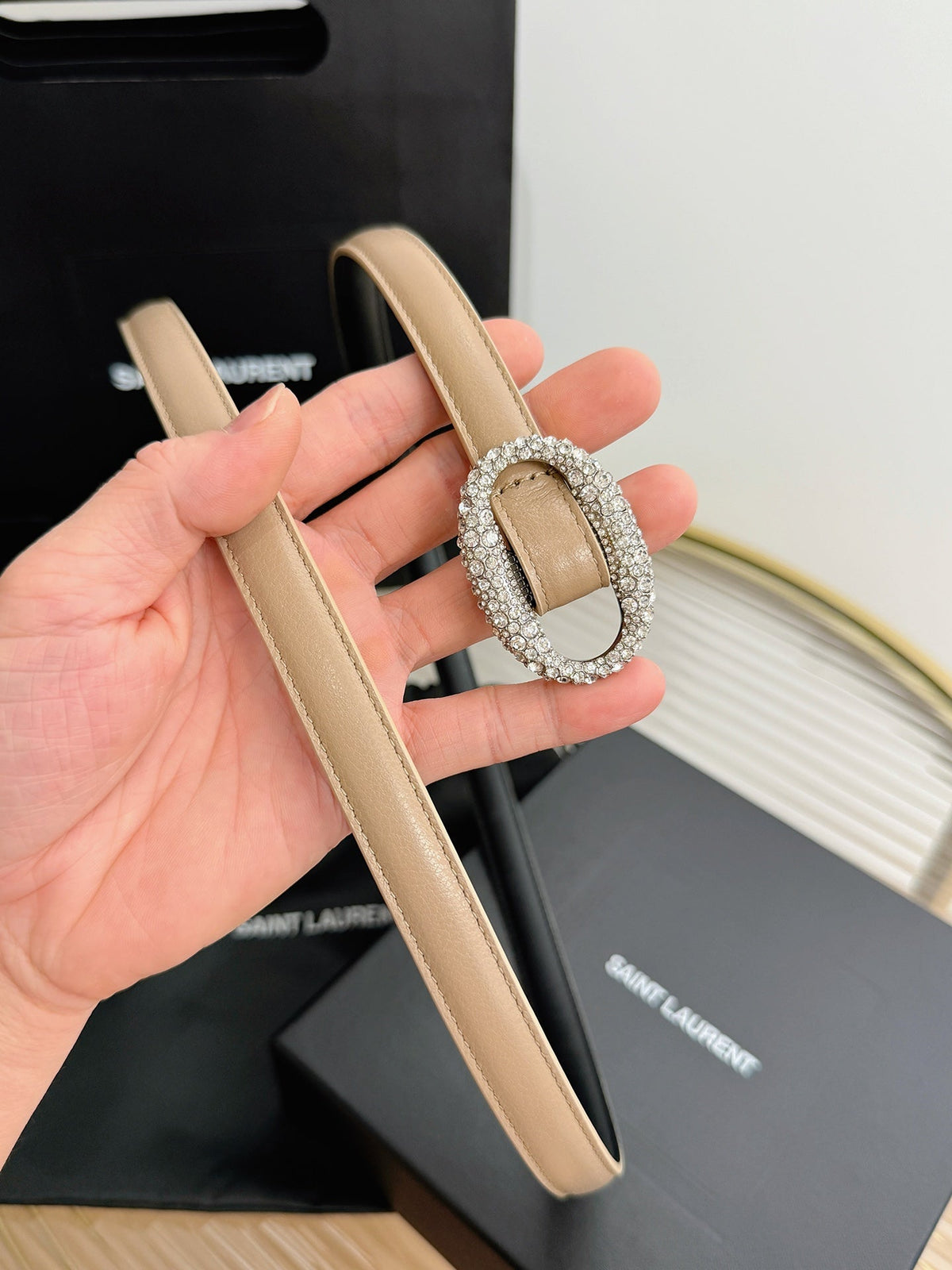 Saint Laurent 2026 Oval Belt 15mm Beige Leather 219073