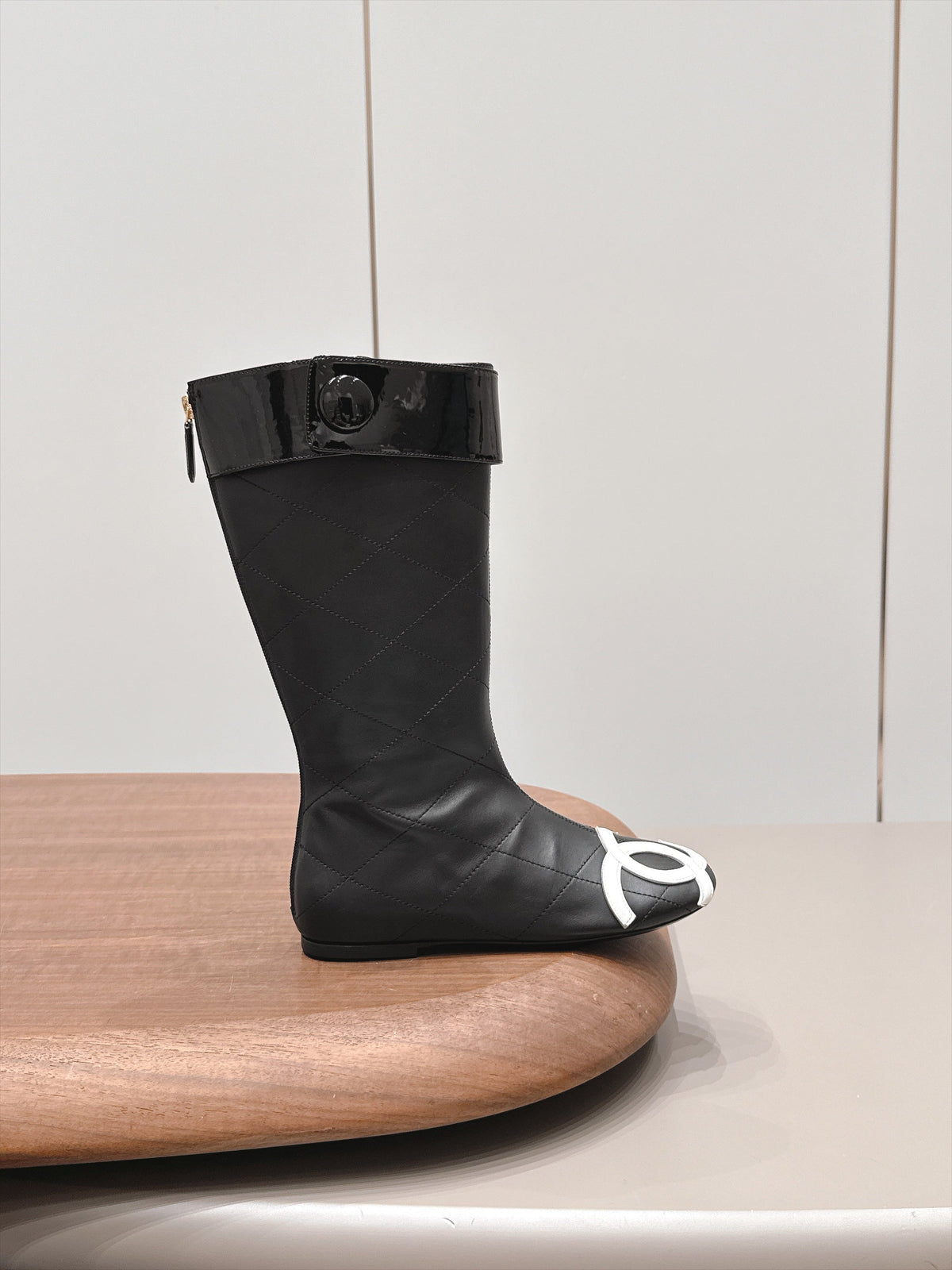 Chanel 26s Knee High Boots Black Quilted Calfskin Patent Cuff